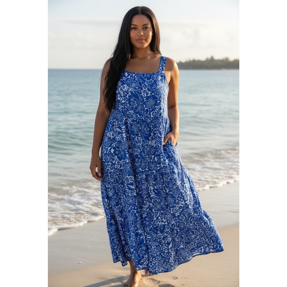 Sonoma Womens Maxi Dress Blue Floral Size 2X Cotton Sleeveless Pockets